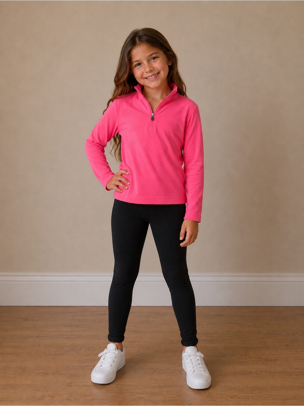 Girls Hot Pink Quarter-Zip Pullover and dark blue leggings